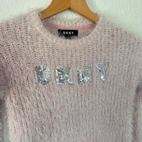 DKNY y2k baby pink silver sequin fuzzy logo sweater M - Picture 5 of 8